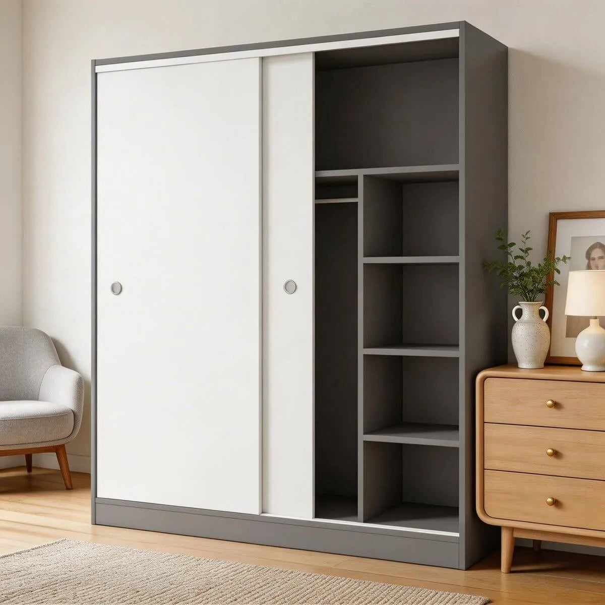 Scandinavian Sliding Door Wood Wardrobe With Shelves And Rod