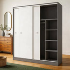 Scandinavian Sliding Door Wood Wardrobe With Shelves And Rod