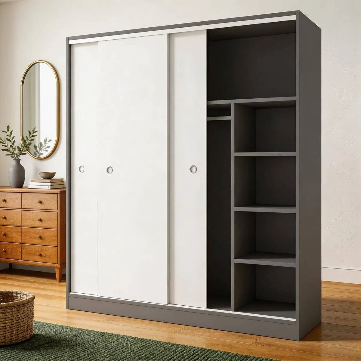 Scandinavian Sliding Door Wood Wardrobe With Shelves And Rod