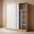 Scandinavian Sliding Door Wood Wardrobe With Shelves And Rod