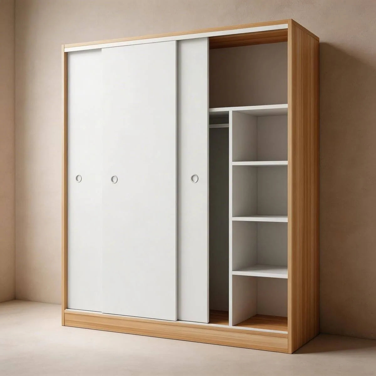 Scandinavian Sliding Door Wood Wardrobe With Shelves And Rod