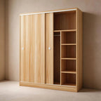 Scandinavian Sliding Door Wood Wardrobe With Shelves And Rod