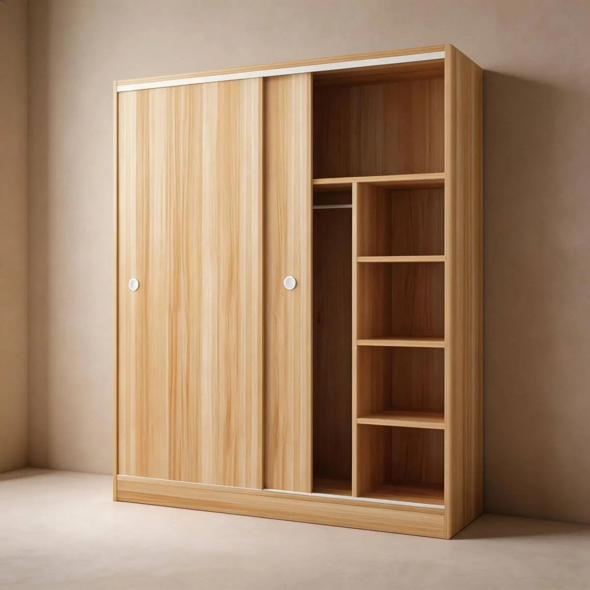 Scandinavian Sliding Door Wood Wardrobe With Shelves And Rod
