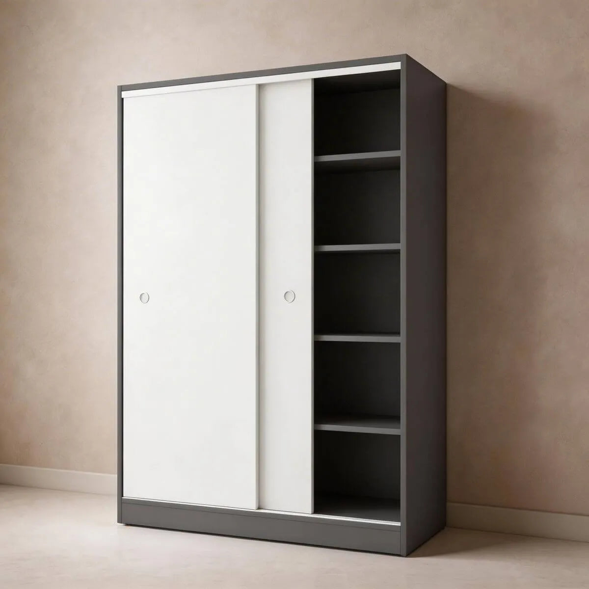 Scandinavian Sliding Door Wood Wardrobe With Shelves And Rod