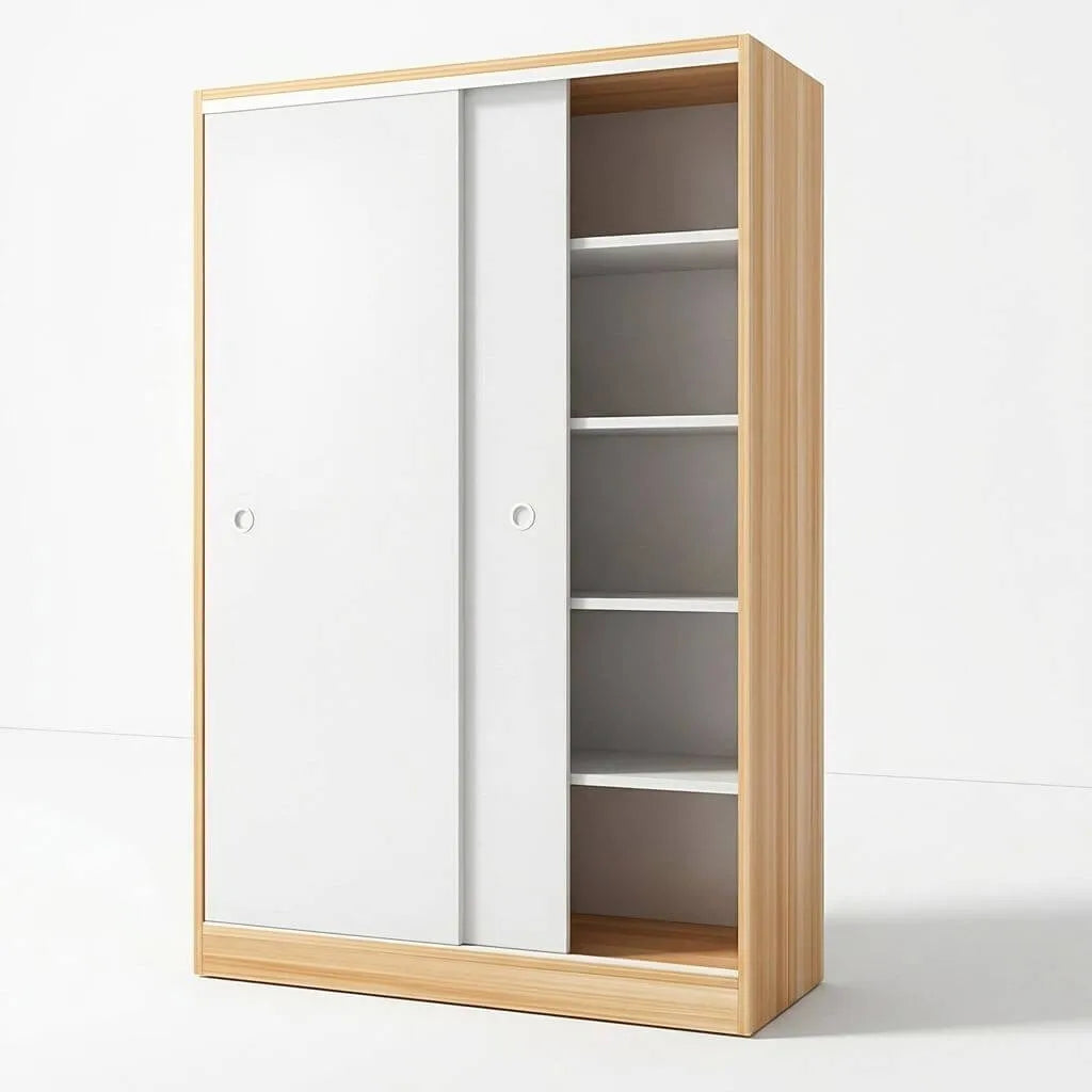 Scandinavian Sliding Door Wood Wardrobe With Shelves And Rod