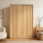 Scandinavian Sliding Door Wood Wardrobe With Shelves And Rod