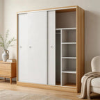 Scandinavian Sliding Door Wood Wardrobe With Shelves And Rod
