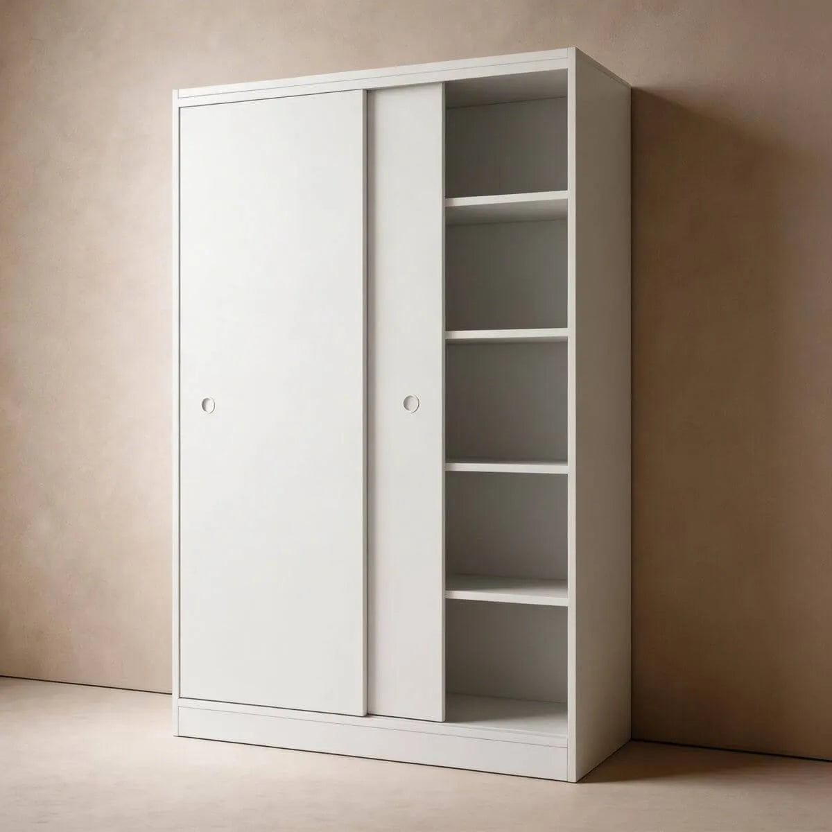 Scandinavian Sliding Door Wood Wardrobe With Shelves And Rod