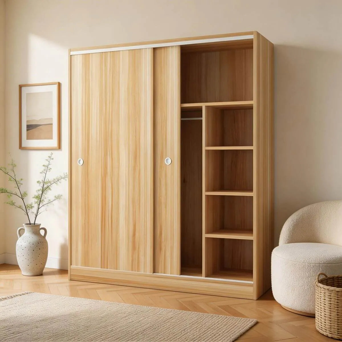 Scandinavian Sliding Door Wood Wardrobe With Shelves And Rod