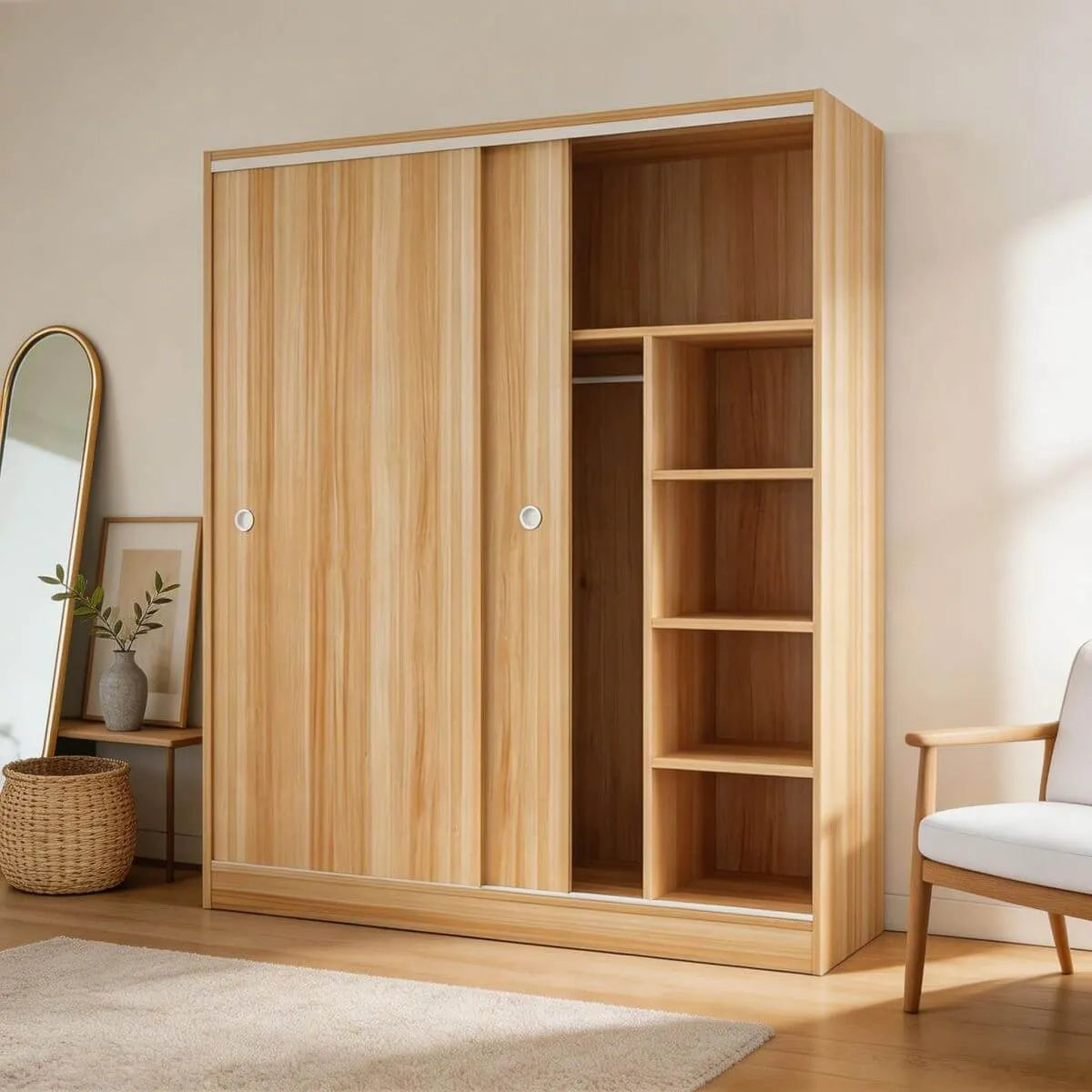 Scandinavian Sliding Door Wood Wardrobe With Shelves And Rod