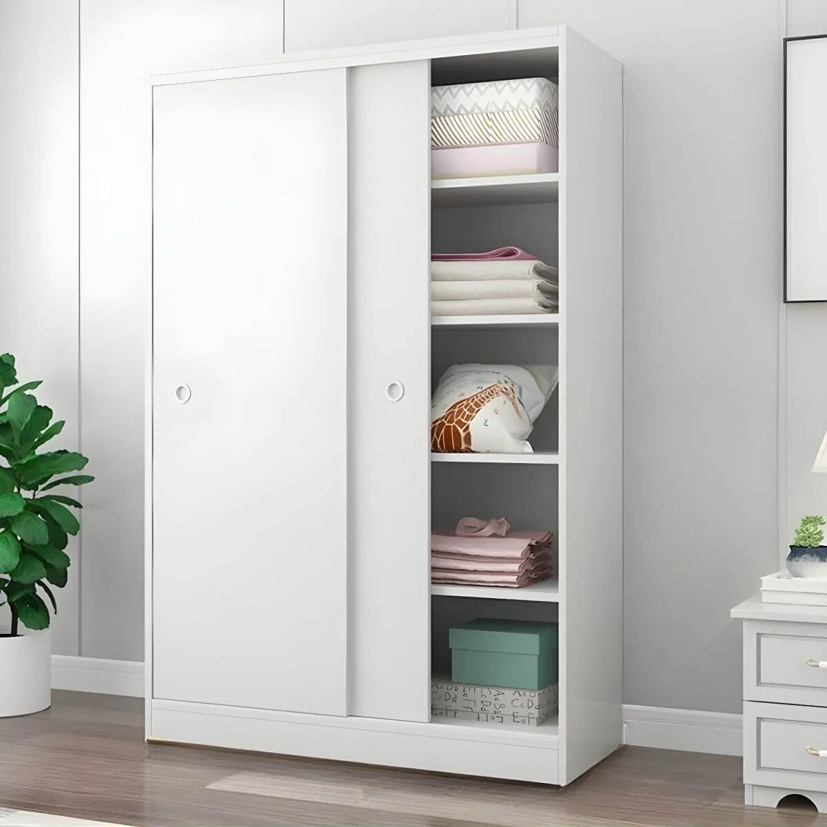 Scandinavian Sliding Door Wood Wardrobe With Shelves And Rod
