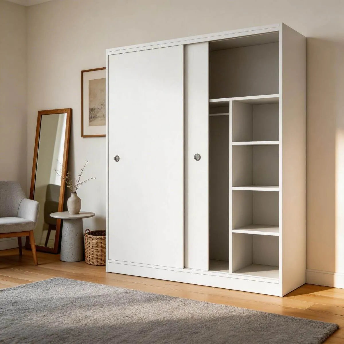 Scandinavian Sliding Door Wood Wardrobe With Shelves And Rod