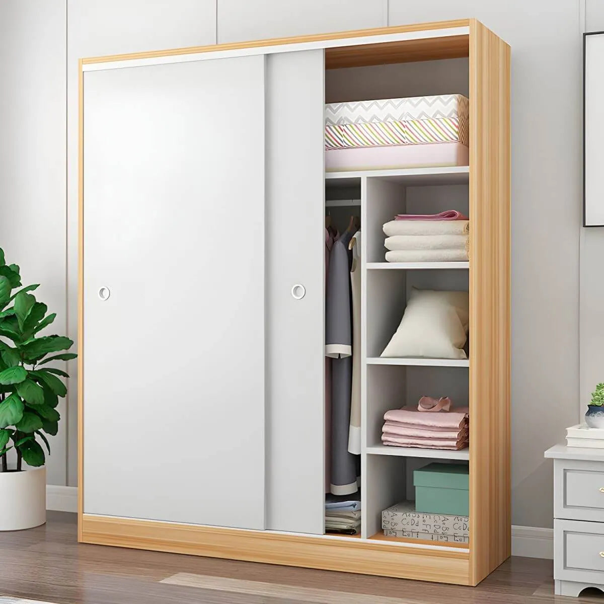 Scandinavian Sliding Door Wood Wardrobe With Shelves And Rod