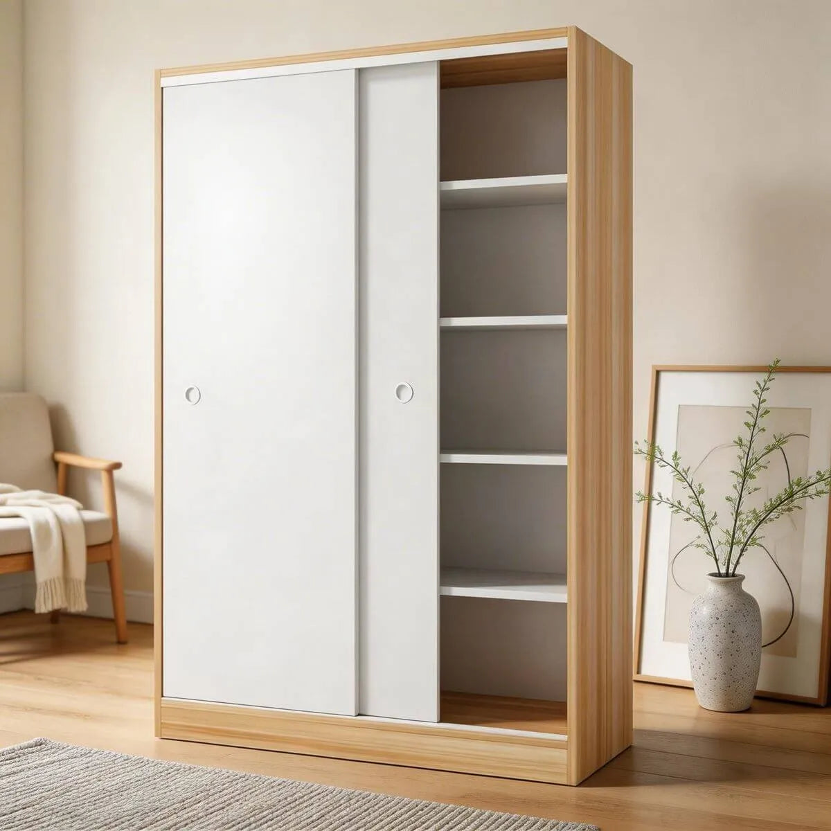 Scandinavian Sliding Door Wood Wardrobe With Shelves And Rod