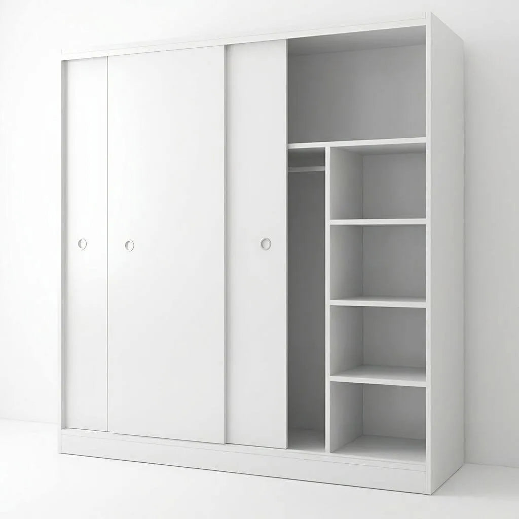 Scandinavian Sliding Door Wood Wardrobe With Shelves And Rod