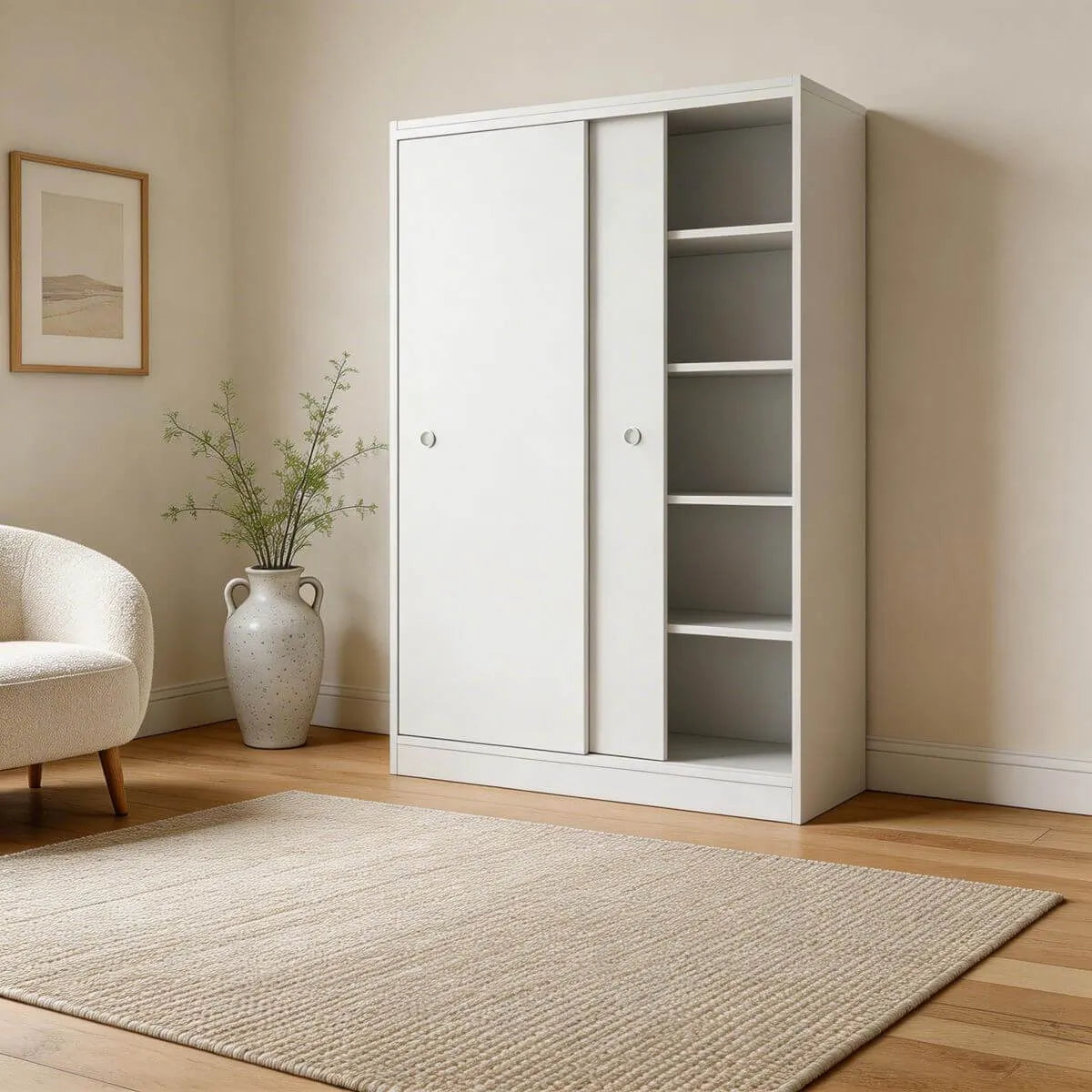 Scandinavian Sliding Door Wood Wardrobe With Shelves And Rod