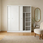 Scandinavian Sliding Door Wood Wardrobe With Shelves And Rod