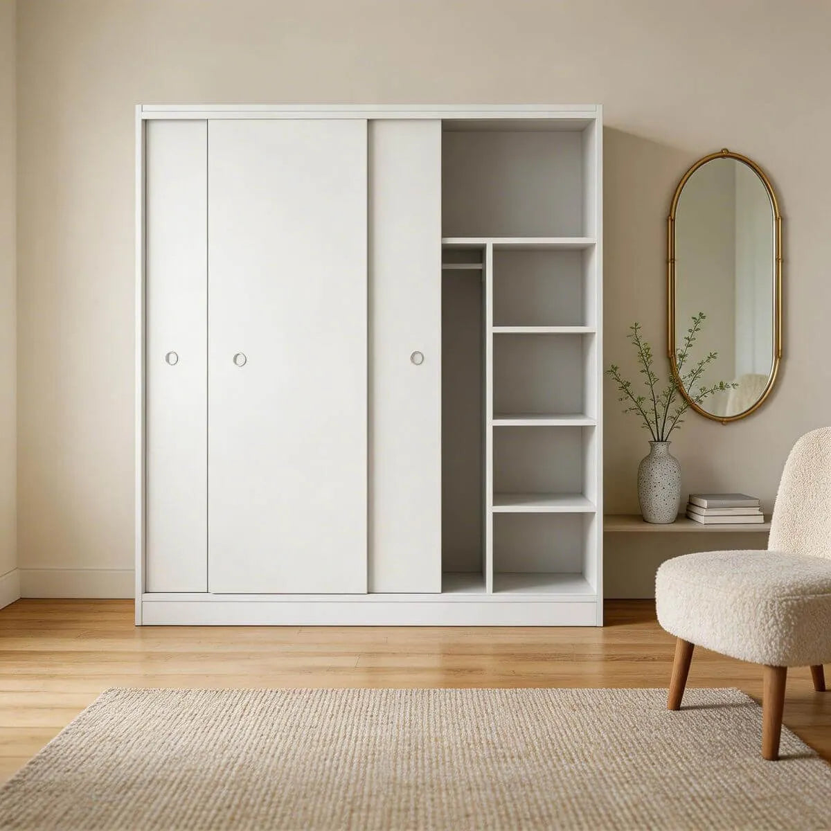 Scandinavian Sliding Door Wood Wardrobe With Shelves And Rod