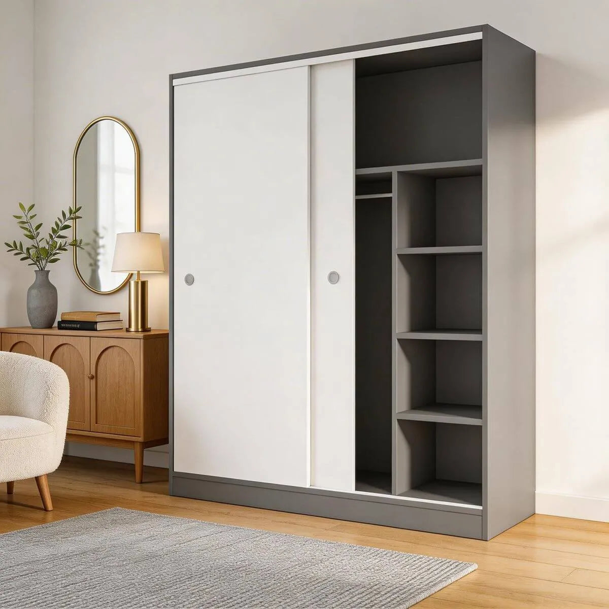 Scandinavian Sliding Door Wood Wardrobe With Shelves And Rod