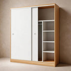 Scandinavian Sliding Door Wood Wardrobe With Shelves And Rod