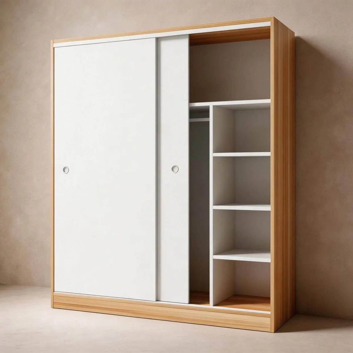 Scandinavian Sliding Door Wood Wardrobe With Shelves And Rod