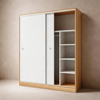 Scandinavian Sliding Door Wood Wardrobe With Shelves And Rod