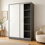 Scandinavian Sliding Door Wood Wardrobe With Shelves And Rod