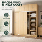 Scandinavian Sliding Door Wood Wardrobe With Shelves And Rod