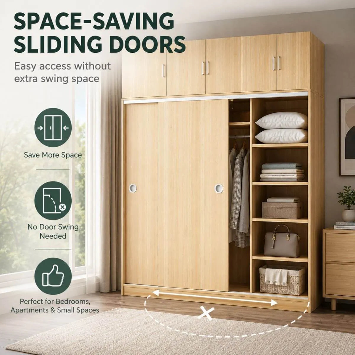 Scandinavian Sliding Door Wood Wardrobe With Shelves And Rod