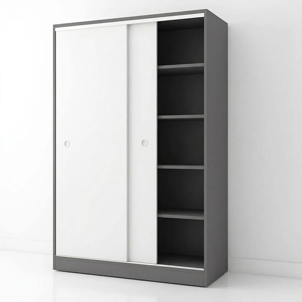 Scandinavian Sliding Door Wood Wardrobe With Shelves And Rod