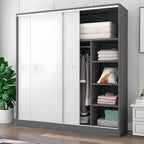 Scandinavian Sliding Door Wood Wardrobe With Shelves And Rod