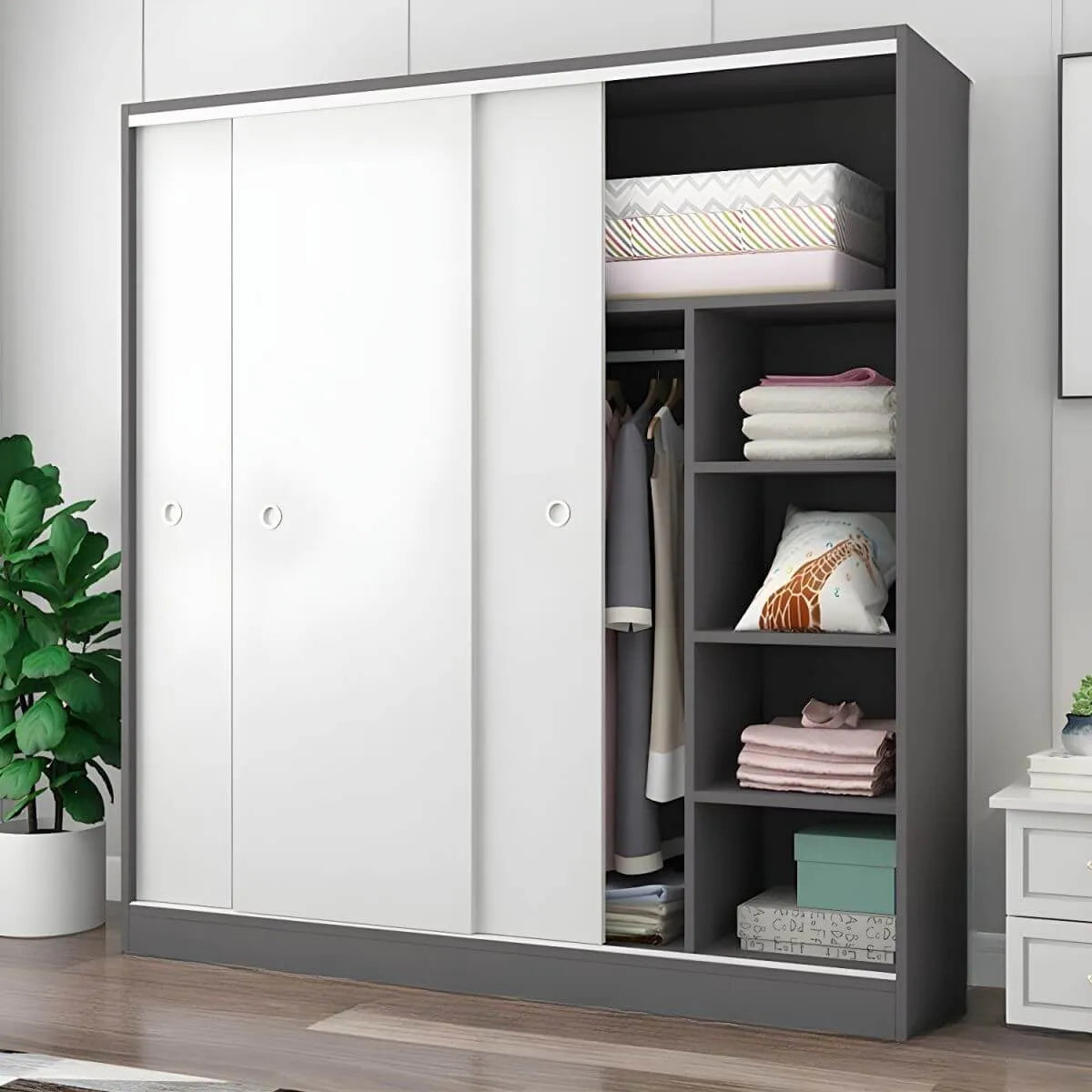 Scandinavian Sliding Door Wood Wardrobe With Shelves And Rod