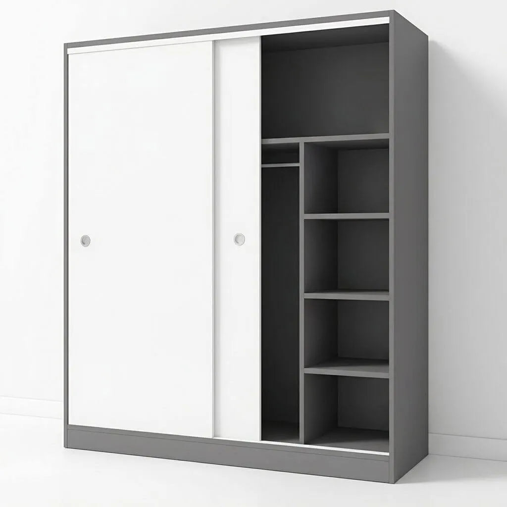 Scandinavian Sliding Door Wood Wardrobe With Shelves And Rod