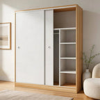Scandinavian Sliding Door Wood Wardrobe With Shelves And Rod