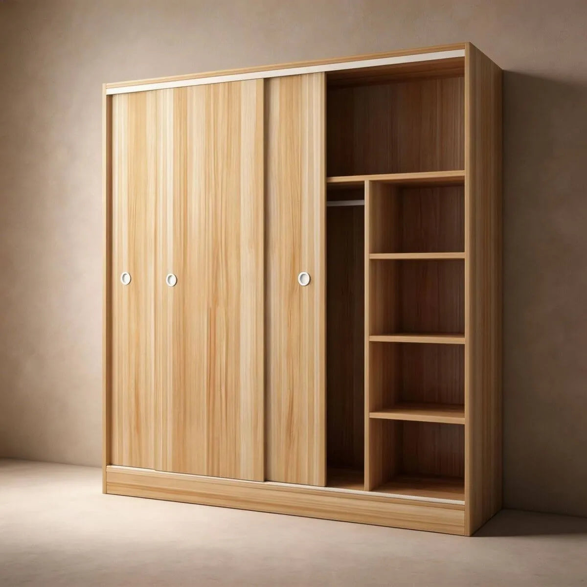 Scandinavian Sliding Door Wood Wardrobe With Shelves And Rod