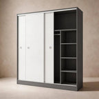 Scandinavian Sliding Door Wood Wardrobe With Shelves And Rod