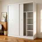 Scandinavian Sliding Door Wood Wardrobe With Shelves And Rod