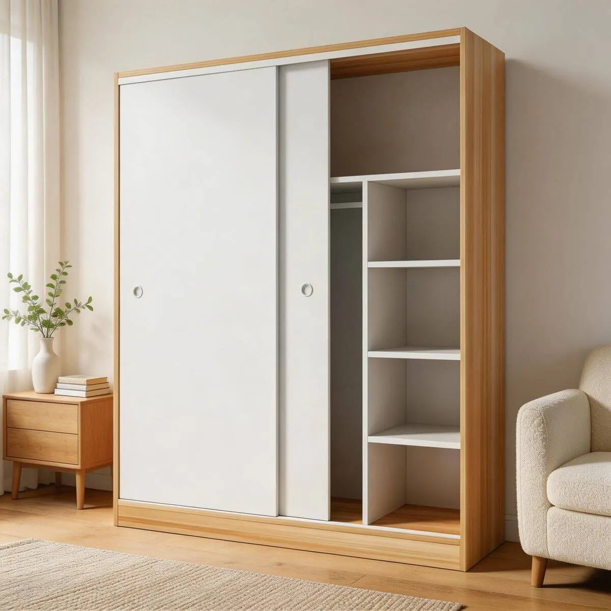Scandinavian Sliding Door Wood Wardrobe With Shelves And Rod