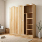 Scandinavian Sliding Door Wood Wardrobe With Shelves And Rod