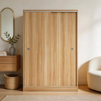 Scandinavian Sliding Door Wood Wardrobe With Shelves And Rod