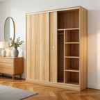 Scandinavian Sliding Door Wood Wardrobe With Shelves And Rod