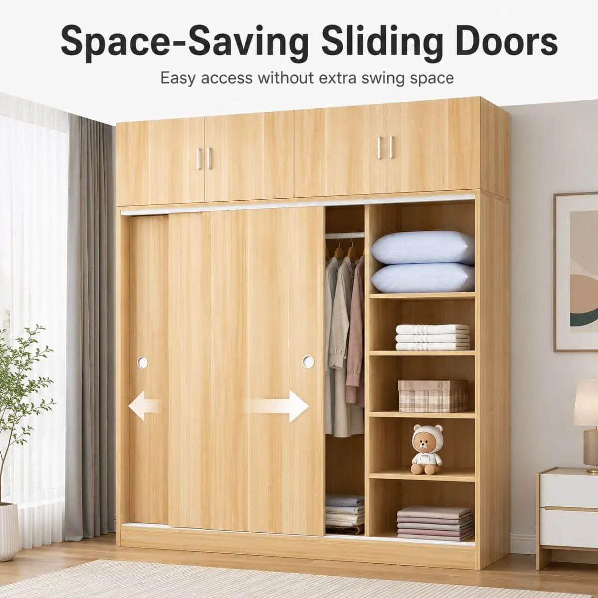 Scandinavian Sliding Door Wood Wardrobe With Shelves And Rod