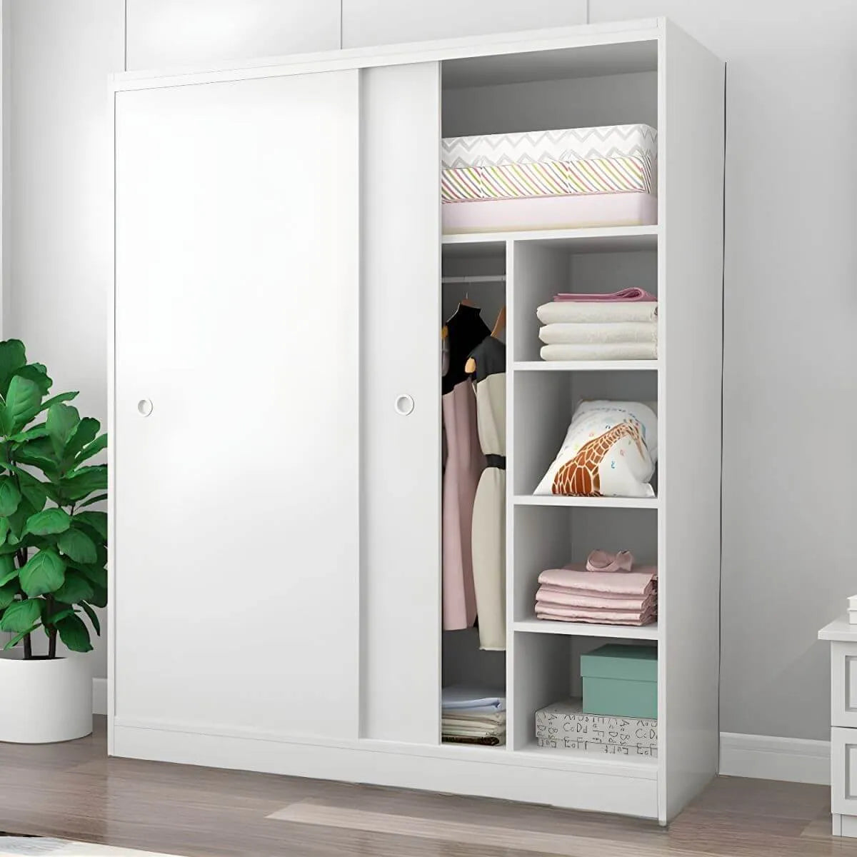 Scandinavian Sliding Door Wood Wardrobe With Shelves And Rod