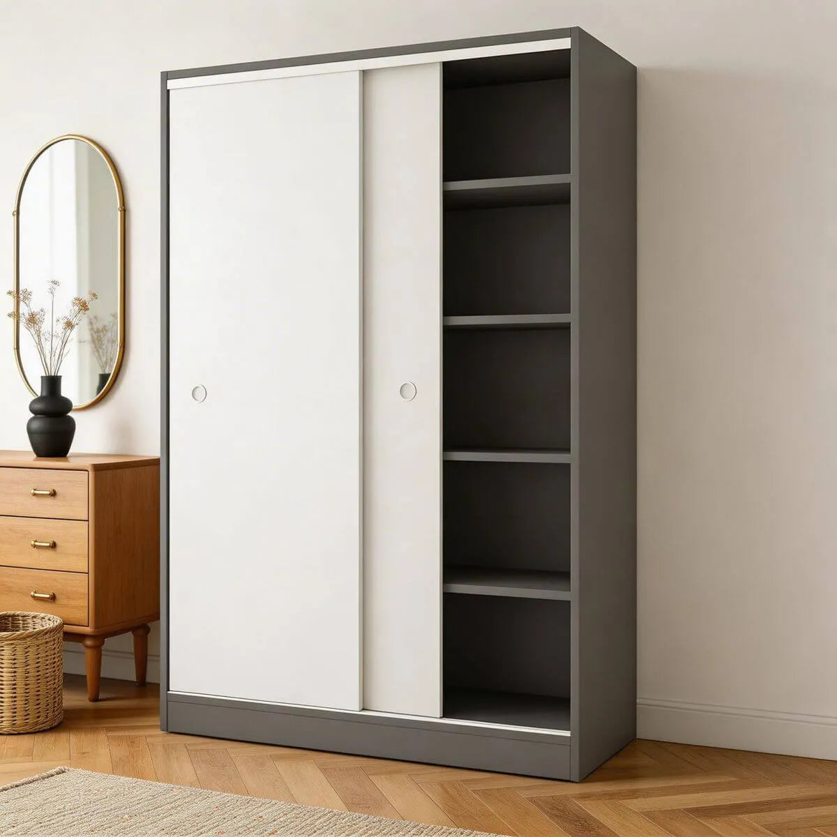 Scandinavian Sliding Door Wood Wardrobe With Shelves And Rod