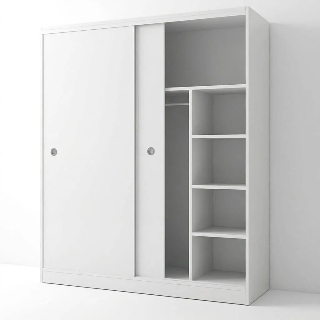Scandinavian Sliding Door Wood Wardrobe With Shelves And Rod