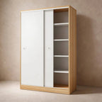 Scandinavian Sliding Door Wood Wardrobe With Shelves And Rod
