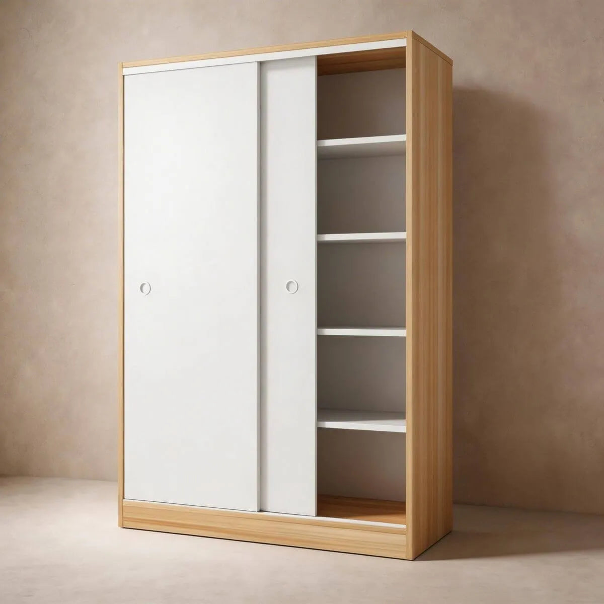 Scandinavian Sliding Door Wood Wardrobe With Shelves And Rod