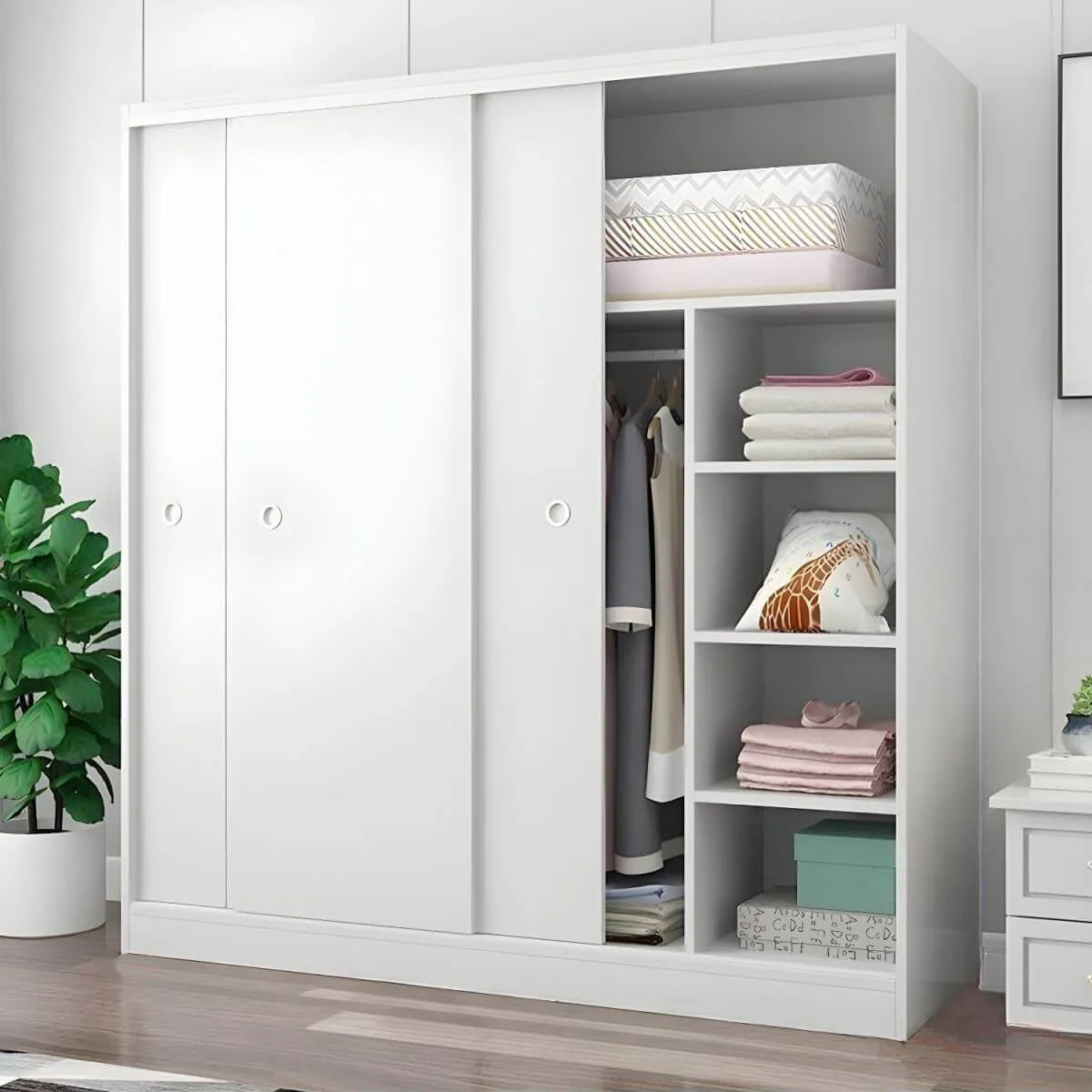 Scandinavian Sliding Door Wood Wardrobe With Shelves And Rod