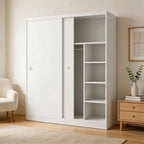 Scandinavian Sliding Door Wood Wardrobe With Shelves And Rod