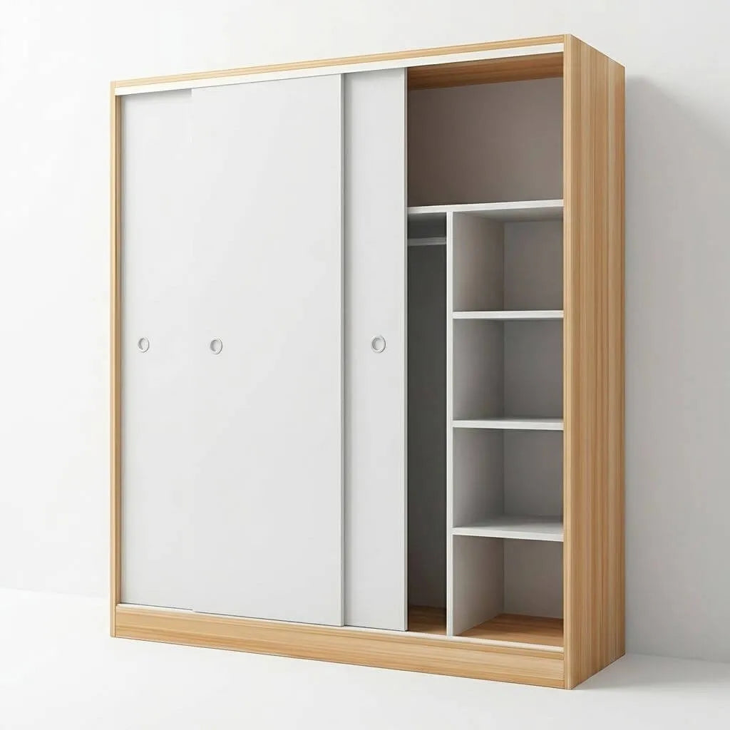 Scandinavian Sliding Door Wood Wardrobe With Shelves And Rod